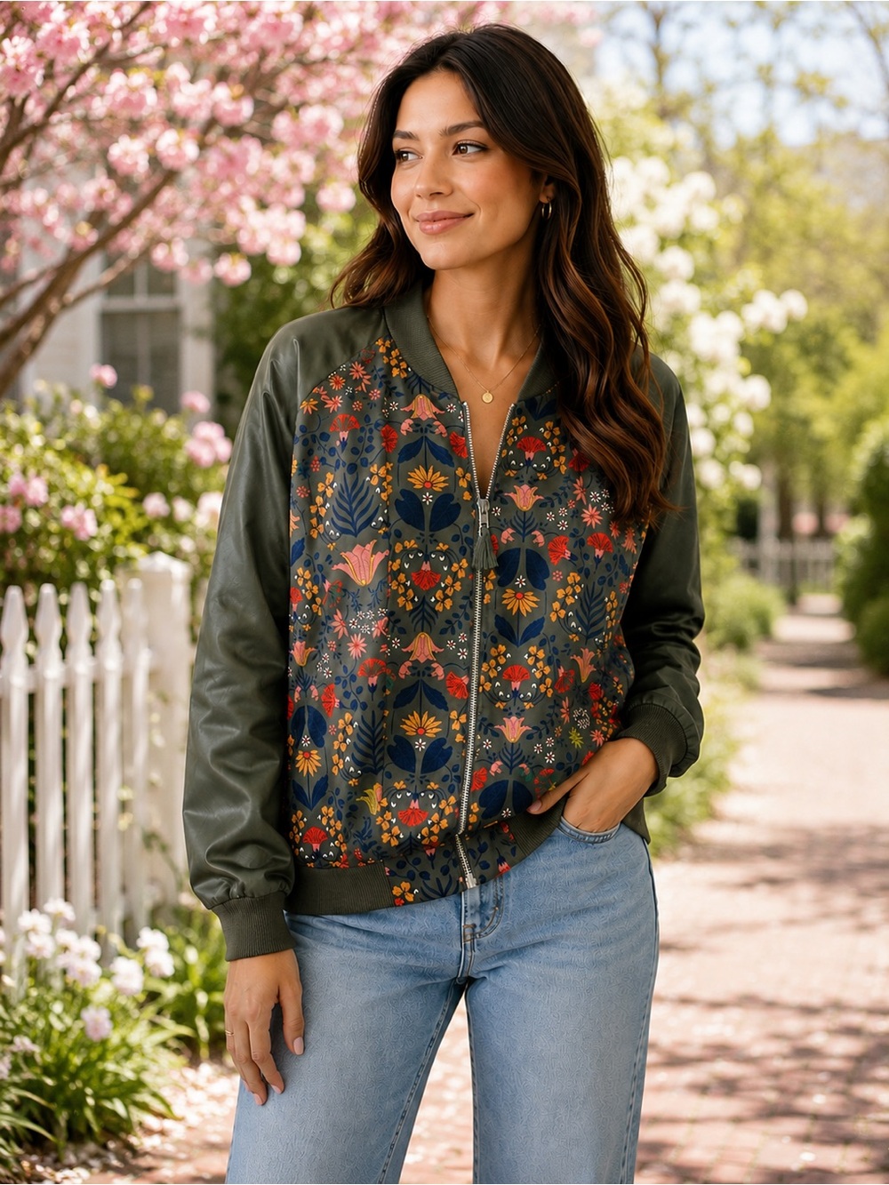 miami Olive Floral Print Bomber Jacket